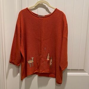 Vibrant Orange Knit Sweater Top Animal Embroidery Vintage Nino Wong